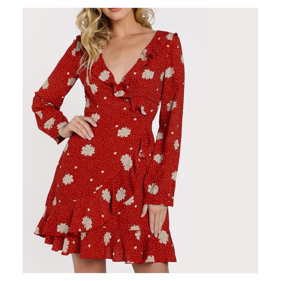 MBM Unlimited Dresses & Skirts - Red Floral Long Sleeve Flounce Surplice Wrap Dress